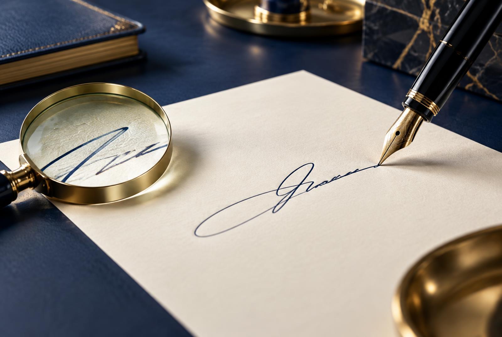 Fountain pen and magnifying glass examining an elegant handwritten signature